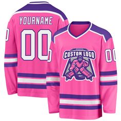 a pink hockey jersey with the name and number on it, that says custom logo