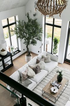 a living room filled with white furniture and lots of windows next to a large tree