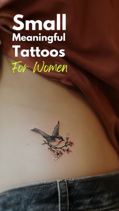 small tattoos for women on the side of her stomach and behind her is an image of a bird sitting on a branch