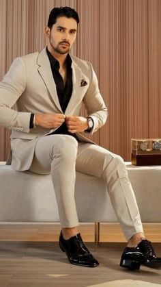 Beige And Black Suit Men, Formal Coat Pant For Man, Beige Coat Outfit Men Formal, Tan Suit Black Shirt, Suit For Men Wedding Classy, Beige Mens Suit Wedding, Suits For Men Wedding Classy, Suits Men Beige, Men Suits Style Wedding Classy