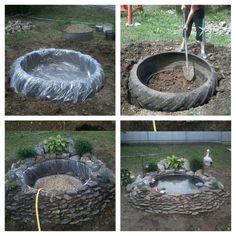 four pictures showing how to build an outdoor fire pit