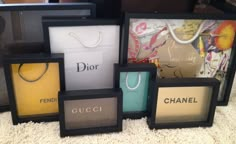 four frames displaying different types of purses and bags on the floor in front of a carpeted area