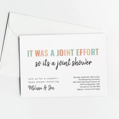 It was a joint effort, so it's a joint shower. A funny and colorful yet minimalist invitation for a fun couple's baby shower. Combined Baby Shower Ideas, Funny Baby Shower Themes, Co Ed Baby Shower Ideas, Coed Baby Shower Ideas, Gender Reveal Invitations Template, Minimalist Invitation, Couples Baby Showers