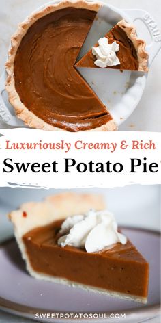 there is a slice of chocolate cream and rich sweet potato pie