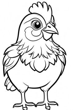 a black and white drawing of a chicken with big eyes, standing on one leg