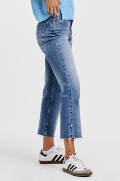 The 90s Jean in Mozzie presents a timeless style with a modern twist. Crafted from stretch denim with a high rise fit that sits slightly lower on the waist and fitted in the hips, these ankle skinnies promise a chic, sleek fit. 9 1/2" Front Rise (include waistband), 10" Leg Opening, 28" inseam (Size 27) 90% COTTON 8% POLYESTER 2% SPANDEX Machine wash cold, Tumble dry low Imported Zip fly and button closure Five-pocket style Mid-rise Medium Wash Flare Jeans, Straight Leg Cropped Jeans With Frayed Hem For Fall, Fall Straight Leg Cropped Jeans With Frayed Hem, Fall Cropped Straight Leg Jeans With Frayed Hem, Trendy High Waist Straight Fit Jeans, Dark Wash High Rise Jeans With Frayed Hem, Everyday Dark Wash Flare Jeans With Frayed Hem, Chic Dark Wash Cropped Jeans With Five Pockets, Chic Cropped Jeans With Frayed Hem In Dark Wash