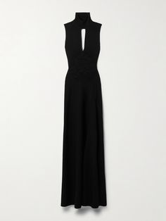 Victoria Beckham's gown is made from soft stretch-knit and has semi-sheer floral detailing along the bust and waist. The generous keyhole cutout is mirrored at the front and back, while the slim fit hugs your body through the waist before falling to a floaty maxi hem. Build Wardrobe, Black Turtleneck Dress, Turtleneck Dress Sleeveless, Jean Trench Coat, Victoria Beckham Outfits, Knit Gown, Victoria Beckham Dress, Sleeveless Turtleneck, Fantasy Gowns