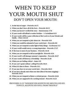 an open bible with the words when to keep your mouth shut, don't open your mouth