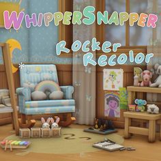 the room is filled with stuffed animals and other toys, including a rocking chair that reads whiffersnapper rockerer recolor