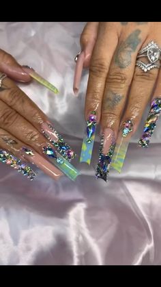 Glam Bday Nails, Xl Bling Nails, Unique Acrylic Nails Creative Long, Ombre Nails With Bling, Birthday Freestyle Nails, Long Exotic Nail Designs, Glam Birthday Nails, Exotic Birthday Nails, Brazil Nails