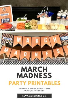 march madness party printables are displayed on a table with drinks and food items