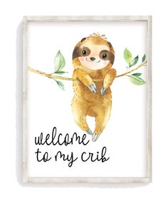 a watercolor slotty hanging on a branch with the words welcome to my child