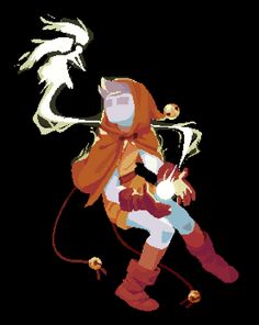 an image of a pixel art style character with long hair and orange outfit sitting on a black background