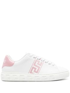 white/rose pink faux leather signature Greca embroidery to the side logo patch at the tongue contrasting branded heel counter embossed Greca detailing at the sole round toe front lace-up fastening padded ankle branded insole flat rubber sole Versace Sandals, Versace Sneakers, Versace Pink, Chanel Camellia, Chic Sneakers, Versace Shoes, Strappy Stilettos, Trending Sandals, Metallic Heels