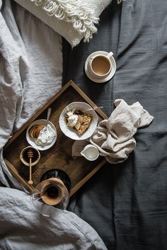 an overhead view of breakfast and coffee on a tray