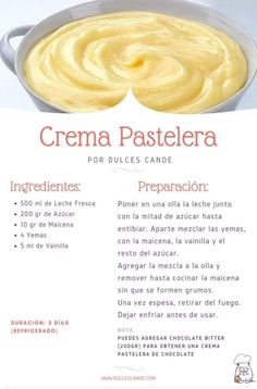 an advertisement for crema pastelera, with the words ingredients in spanish and english