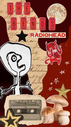 the cover art for the album radiohead, with mushrooms and stars around it on a red background