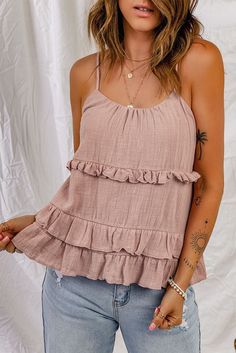 Ruffled Scoop Neck Sleeveless Cami
 #NewArrivals #popular #fashion #BohoChic #boho #fresh #pomonaandpeach Tank Top Dress Outfit, Nate Gossip Girl, Spaghetti Top, School Vacation, Honeymoon Outfits, Ruffle Tank Top, Linen Tank Top, Ruffled Neckline, Spaghetti Strap Tank Top