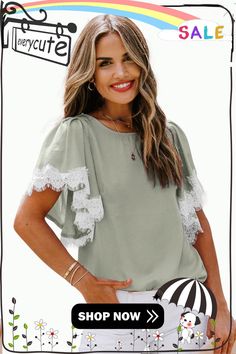 Green Lace Flutter Sleeve Top Trendy Green Flutter Sleeve Tops, Feminine Green Flutter Sleeve Top, Solid Casual T-shirt With Flutter Sleeves, Green Stretch Top With 3/4 Sleeves, Cotton T-shirt With Ruffles And Flutter Sleeves, Flutter Sleeve Top, Green Lace, Flutter Sleeve, Ladies Tops Fashion