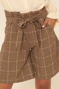 City Streets Plaid Paperbag Culotte Shorts - ShopPromesa Belted Paperbag Waist Shorts For Work, Workwear Shorts With Belt Loops And Paperbag Waist, Fall Season Belted Short Bottoms, Chic Short Plaid Bottoms, Chic Plaid Short Bottoms, Chic Plaid Short-length Bottoms, Chic Knee-length Plaid Bottoms, Plaid Short Bottoms For Fall, Fall Plaid Shorts