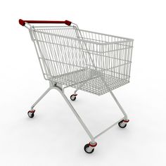 a white shopping cart with red handles and wheels on an isolated background, 3d rendering