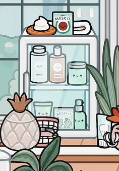 an illustration of a refrigerator with plants and other things in it's display area