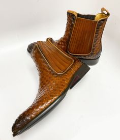 Style: 886-18X-Cognac Spectacular Woven Burnished Calfskin slip-on Boot from our Carrucci by Maurice Collection features a Double Gore, soft Calfskin lining, and a clean welt! Brown Formal Chelsea Boots For Fall, Fitted Brown Chelsea Boots For Business, Brown Slip-on Chelsea Boots With Leather Sole, Brown Luxury Chelsea Boots For Business, Luxury Brown Chelsea Boots For Business, Fitted Brown Chelsea Boots With Suede Lining, Fitted Brown Chelsea Boots With Leather Sole, Elegant Brown Chelsea Boots With Leather Sole, Brown Slip-on Chelsea Boots With Suede Lining