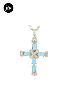 5x3mm Oval Cabochon Sleeping Beauty Turquoise With .18ctw Round White Zircon 18k Yellow Gold Over Sterling Silver Cross Pendant With 18" Singapore Chain. Measures approximately 1.29"L x .77"W. Lobster clasp closure. 2mm bail. 2" extender. Finished under gallery. Accent stones primarily zircon. Elegant Turquoise Cross Jewelry, Sterling Silver Cross Pendant, Silver Cross Pendant, Pendant With Chain, Sleeping Beauty Turquoise, Sterling Silver Cross, Silver Cross, Oval Cabochon, Blue Turquoise