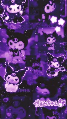 purple and black wallpaper with cartoon characters on it