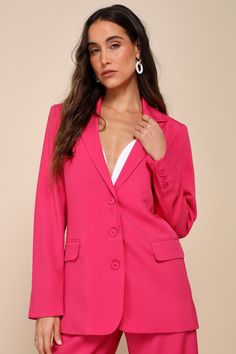 From brunch to the boardroom, prepare for compliments along the way in the Lulus Bold Poise Hot Pink Button-Front Blazer! Lightweight woven fabric shapes this chic blazer with a collared neckline, notched lapels, and long sleeves with lightly padded shoulders and button cuffs. The slightly oversized bodice features a trio of functional buttons at the center, accompanied by two, functional flap pockets. Kick pleat at back. Pair with the matching pants for a complete look! Fit: This garment fits t Chic Blazer, Lulu Fashion, Kick Pleat, Matching Pants, Oversized Blazer, Woven Fabric, Apparel Accessories, Hot Pink, The Way