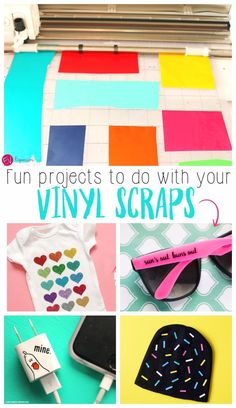 some crafting supplies and crafts that are on top of each other with the words fun projects to do with your vinyl scraps