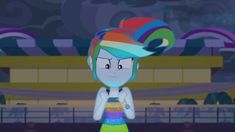 a cartoon character with colorful hair and a rainbow dress