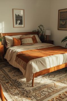 a bed sitting on top of a rug in a bedroom