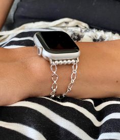 Formal Women Style Apple Watch Jewelry For Every Day Wear. Sterling silver is entirely hypoallergenic and can be a brilliant option for those who suffer from skin reactions. Pure silver is entirely hypoallergenic, however is often too soft to use in jewelry. This is why sterling silver, also known as 925 silver, is very popular for jewelry, as it contains 7.5% other alloys. For the most part sterling silver uses copper as its alloy, as copper itself is also a hypoallergenic metal. P R O D U C T Apple Watch Jewelry, Style Apple Watch, Apple Watch Bracelet, Formal Women, Apple Watch Bracelets, Watch Jewelry, 925 Sterling Silver Chain, Formal Style, Watches Jewelry