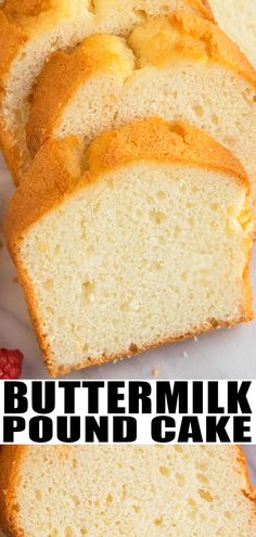 slices of buttermilk pound cake with raspberries on the side