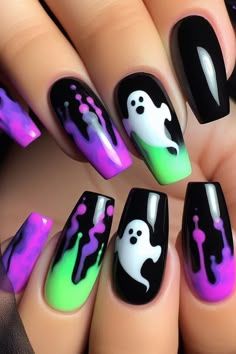 Black And Neon Orange Nails, Halloween Nails Neon, Mystical Nails, Nails October, Nails Spooky, Spooky Nail, Neon Orange Nails, Neon Halloween, Holloween Nails