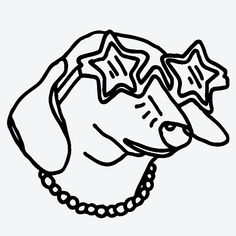 a black and white drawing of a dog's head with stars on its collar