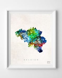 a watercolor map of belgium with the words belgium written in bright blue and green