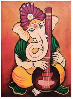 an oil painting of ganesh playing the sitar