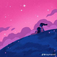 two people sitting on top of a hill under a pink sky with stars and clouds