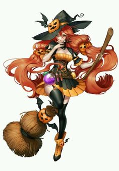 a woman dressed as a witch flying through the air with a broom and pumpkins