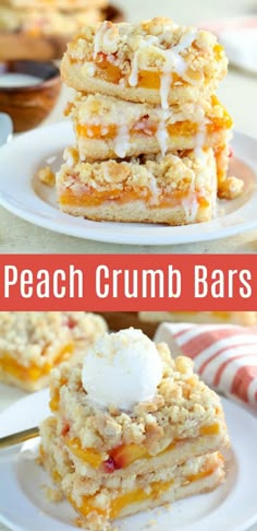 peach crumb bars stacked on top of each other and topped with whipped cream in the middle