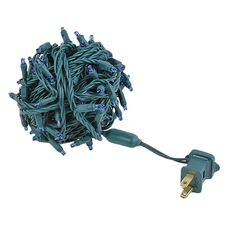 a green christmas light with blue lights on it's end and plugged in