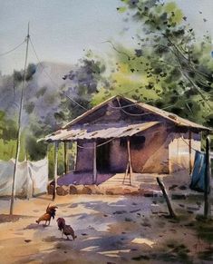 watercolor painting of two dogs running in front of a shack with clothes on it