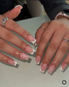 Acrylic Nail Birthday Set, Pink N White French Nails, Cute Pink French Tips, Pink French Tips With Design, French Tip Nails With Butterflies, Acrylic Nail Designs Birthday, French Nails Design 2024, Pink Nails With White French Tip, Low French Tip Nails