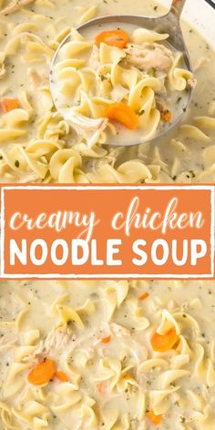 creamy chicken noodle soup in a white bowl with an orange sign over the top