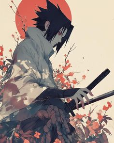 an anime character holding a baseball bat in front of flowers and the sun behind him