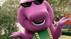 the purple dinosaur is wearing sunglasses and holding a green object in his hand while standing outside