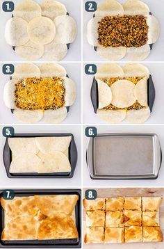 the steps to make mexican flatbreads are shown in several different stages, including making them