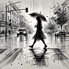 a drawing of a woman walking in the rain with an umbrella